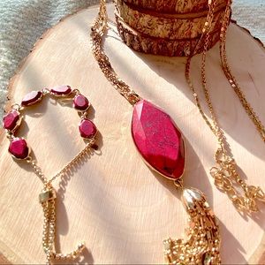 Style and Co. Red Marbled Stone Slider Bracelet and Tassel Necklace Set